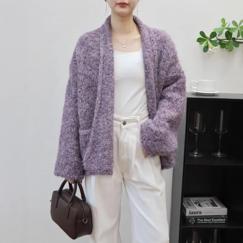 

Long Sves Pocket Casual Loose Beautiful Purple Knitted Cardigan Ele Sweater Coat Top Women 2025 Autumn Winter New