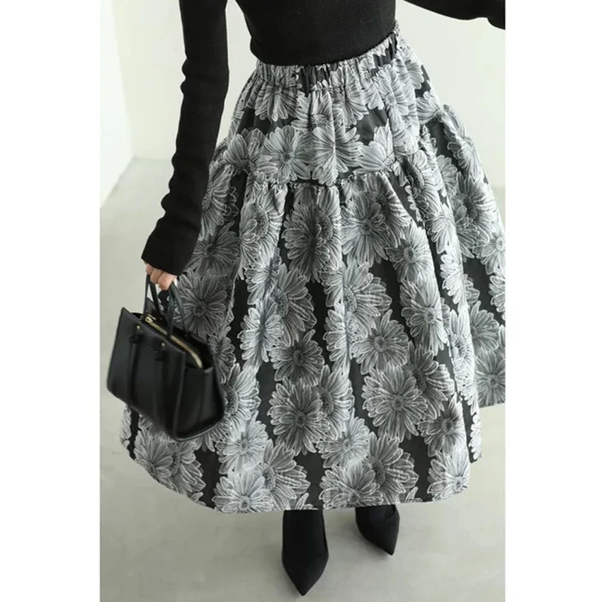 

2024 Autumn Faldas Mujer De Moda Jacquard A-line Women Skirt Vintage Korean Jupe High Waist Big Swing Saia Vintage Loose Skirts