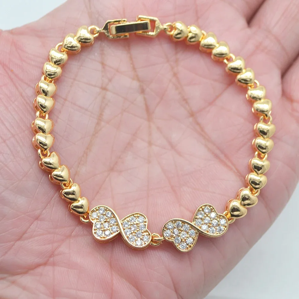 Fashion Gold Color Clear CZ Love Hearts Infinity Symbol Charm Bracelet for Women