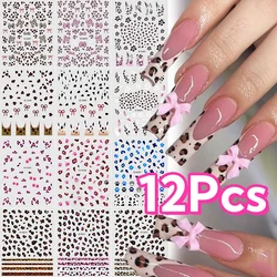 12Pcs Bowknot Leopard Print Nail Stickers Black Pink Heart Ribbon Nail Supplies Nail Decals French Flowers Stickers Nail Decora*