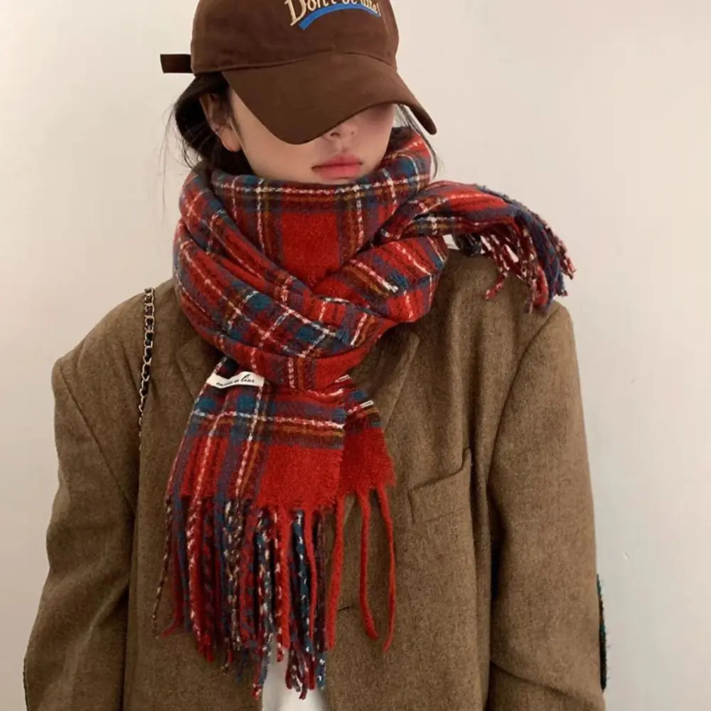 

Tassel Plaid Wool Scarf Plush Retro Green Long Shawl Korean Style Scarves Cashmere Shawl Winter Cashmere Scarves Autumn Winter