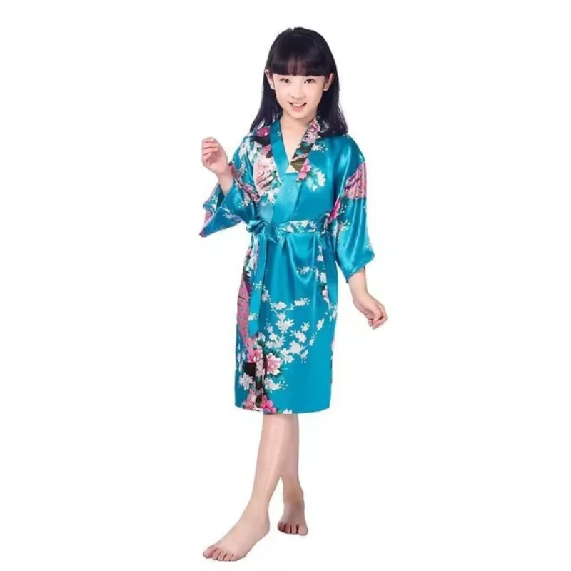 Girl Satin Floral Kimono Robe Kids Flower Girl Peacock Bath Robes for Wedding Spa Party Gifts Bridal Lingerie Sleepwear Bathrobe