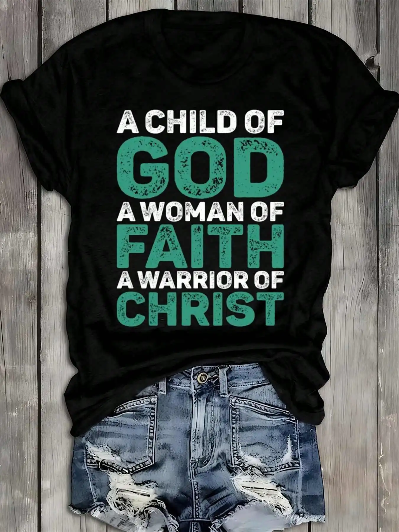 Women's Faith Warrior T-Shirt - 180Gsm 100% Black Short Sleeve Round Neck Tee Spiritual Sayings & Hands Design For Church Wear,