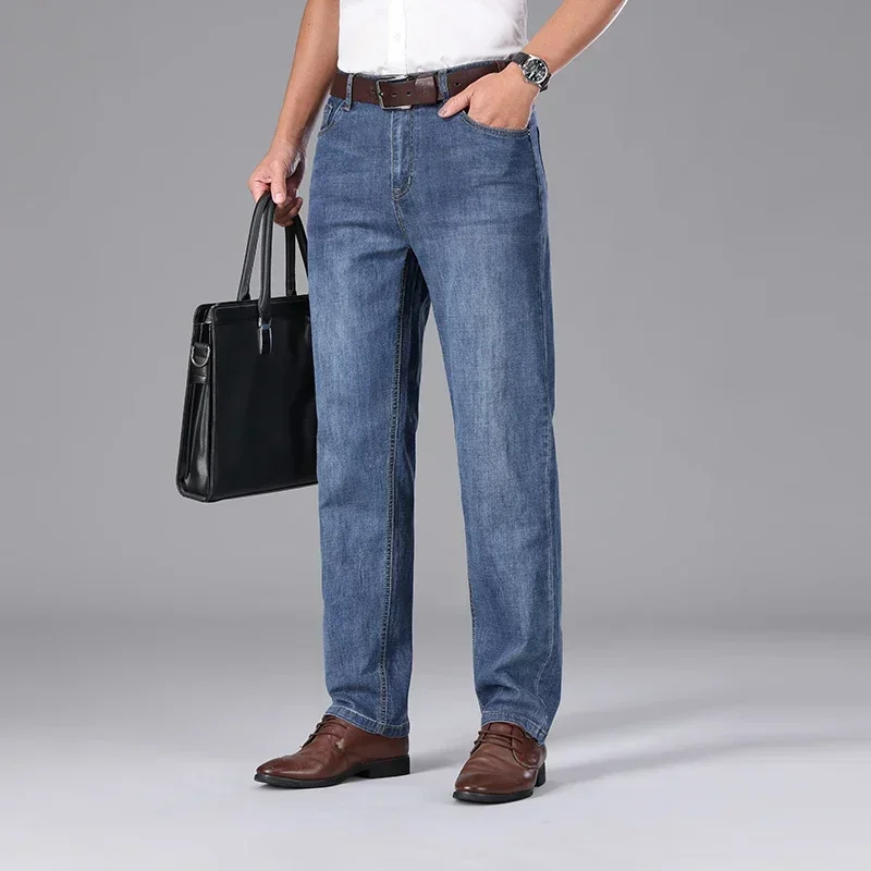 2026 Summer Brand Clothing Men's Straight Loose Lightweight Jeans Classic Badge Business Casual Thin Cotton Stretch Pants
