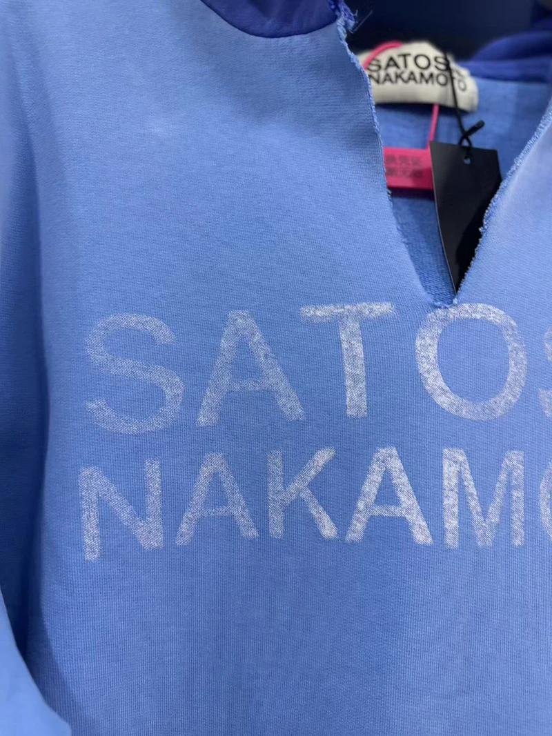 Extra Large Winter Color Blocking Blue SATOSHI Hoodie Cutting V-neck Fading Letter Loose Hood Sweatshirt Men Women Street Outfit