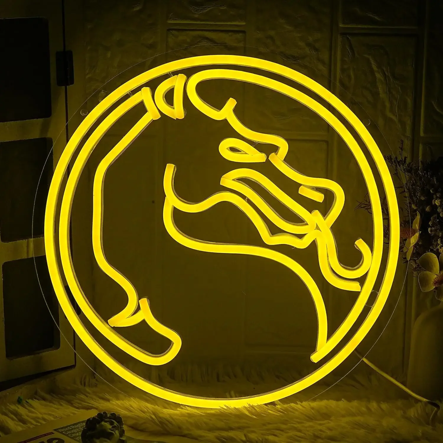 Lion Zodiac Neon Sign Yellow LED Wall Art Round Frame Glow USB Powered Dimmable Acrylic Lamp Living Room Bar Party Decor