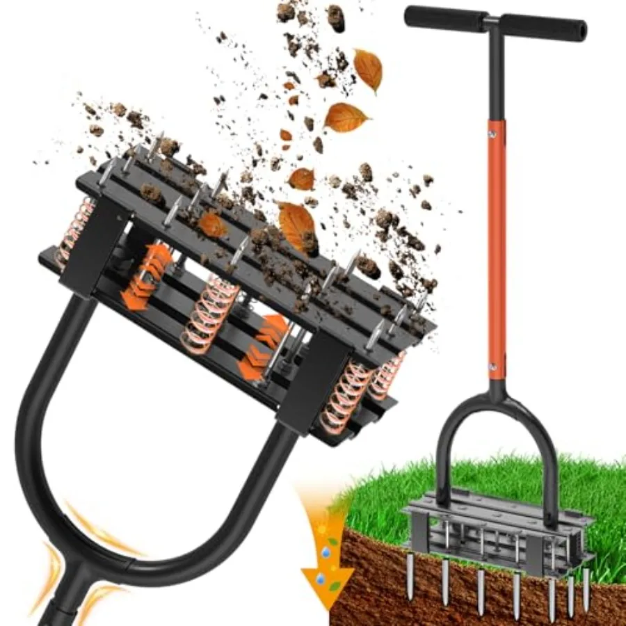 

Aerator Lawn Tool - 2-in-1 Reinforced Heavy Duty Manual Lawn Aerator with 15 Spikes, Automatic Dirt and Leaf Clean Design, Adju