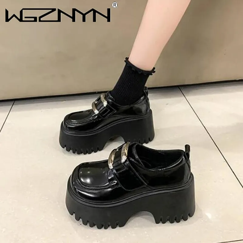 Jesień Kobiety Punk Gothic Wysoka Platforma Kliny Buty Casualowe 8CM Obcasy Wodoodporne Skórzane Buty Gruba Podeszwa Trenerzy Kobiety Trampki