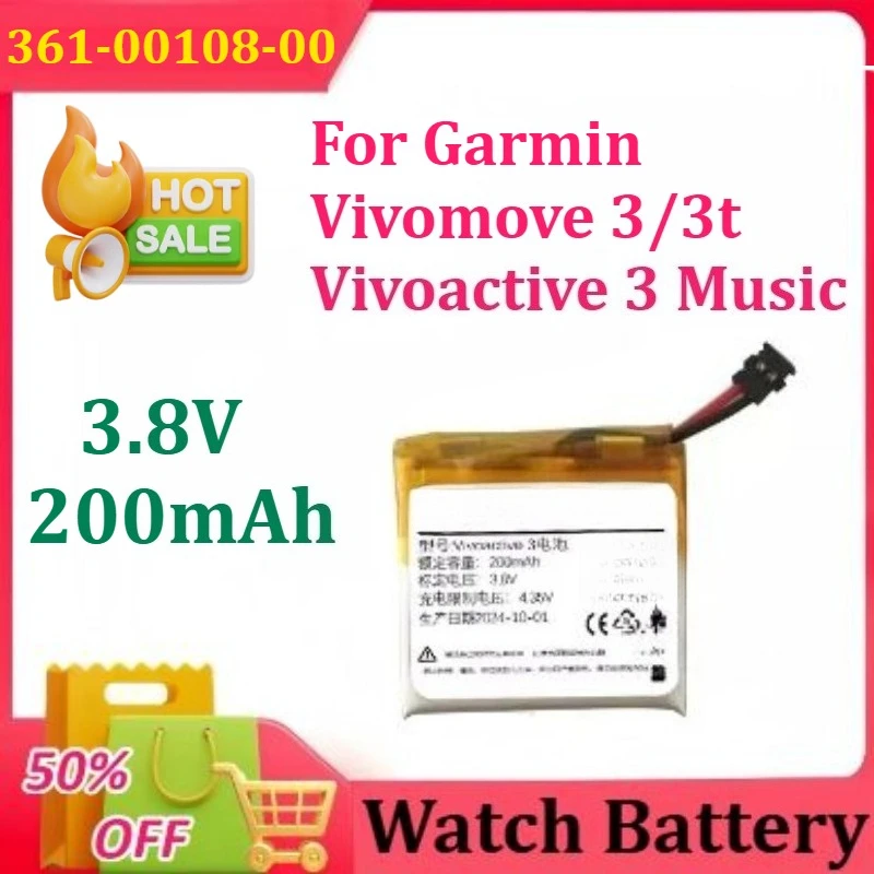 

New 200mAh 3.8V 361-00108-00 for Garmin Vivomove 3/3t Battery /Vivoactive 3 Music Watch Battery