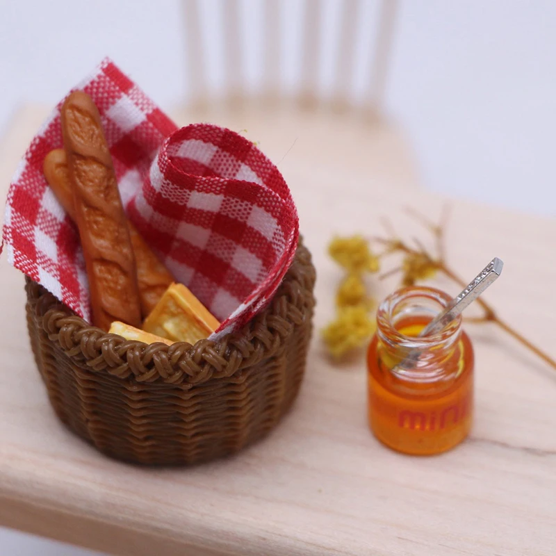 Xm1pc nova casa de bonecas acessórios cozinha casa de bonecas mini decoração comida 1/12dollhouse simulação pão mel conjunto cesta piquenique