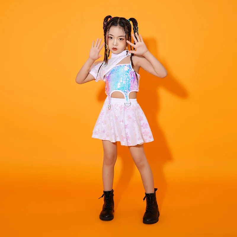 Mädchen Hip-Hop Performance Kostüm Jazz Dance Anzug Kinder Laufsteg Kleidung Rosa Schal + Pailletten Sling + Rosa Rock