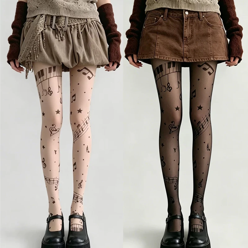 Y2K Musical Note Print Sheer Pantyhose Retro Music Pattern Elastic Tights Harajuku Stocking Hosiery for Women Daily Cosplay Sock