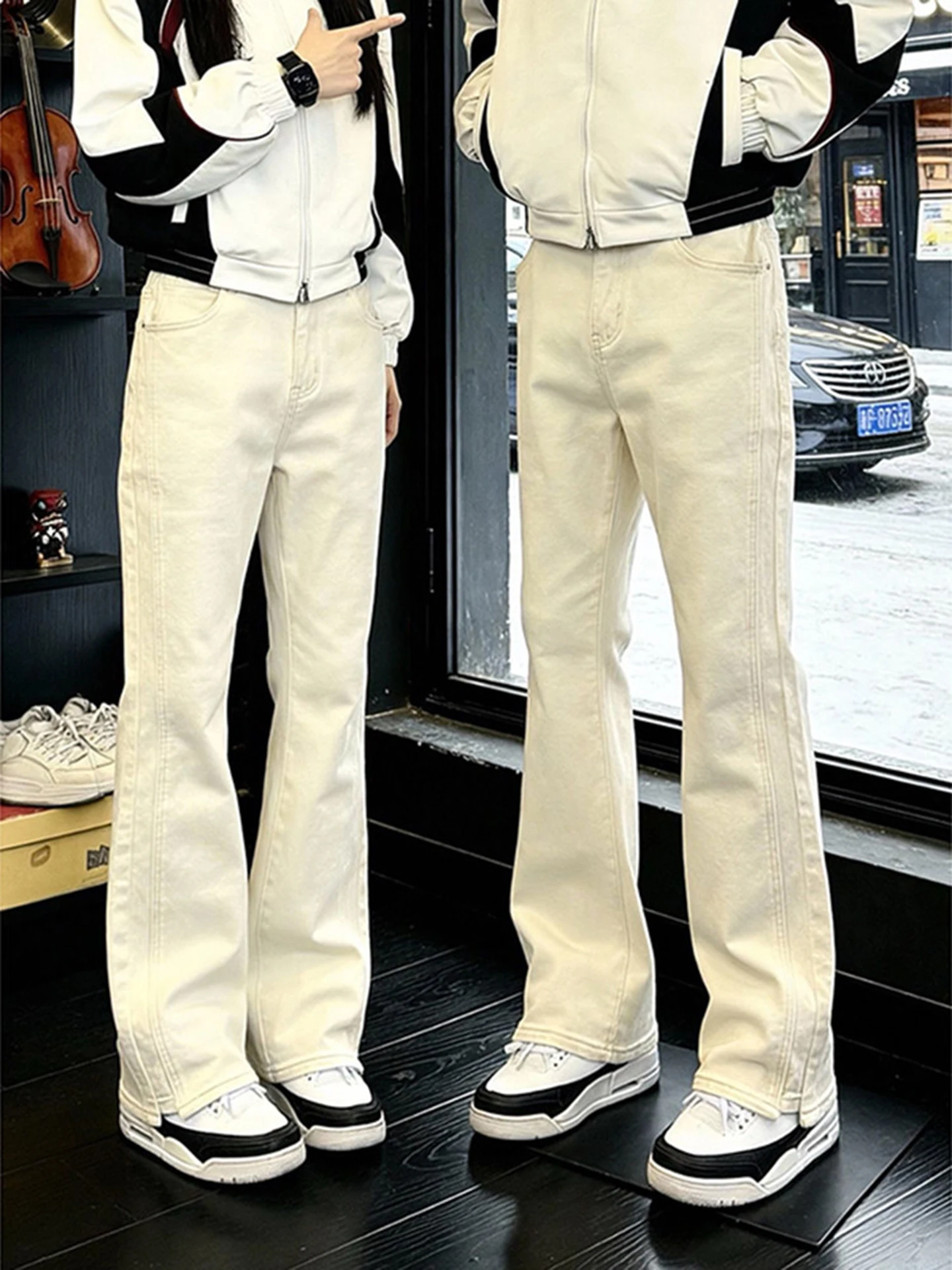 

Мужские зимние джинсы-брюки прямого кроя цвета хаки в американском стиле, с эффектом пэчворк, износостойкие, молодежные, прямые штанины