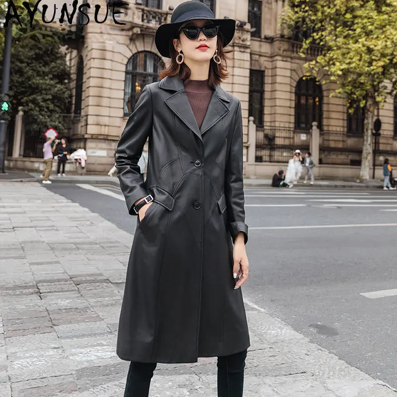 

AYUNSUE Real Leather Jacket Women 2023 Elegant Slim Mid-length Leather Jackets Genuine Sheepskin Coat Windbreaker Suit Collar