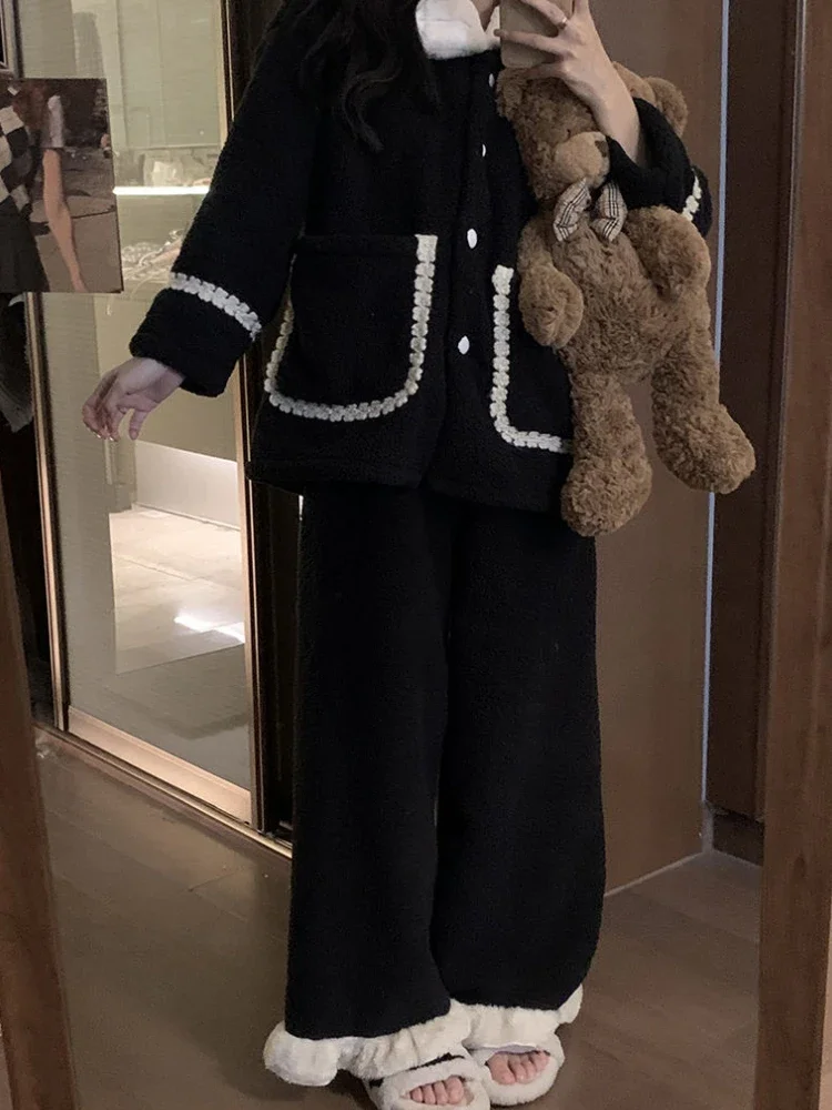 

Пижамные комплекты с длинными рукавами, коралловый бархат, мягкий толстый отложной воротник, теплая зима, новые поступления, женская базовая домашняя одежда для сна, мода