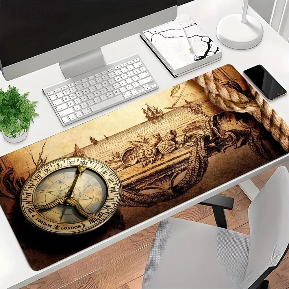 Natural rubber old scroll compass rope desk mat vintage adventure non-slip stitched mouse pad with stitched edges
