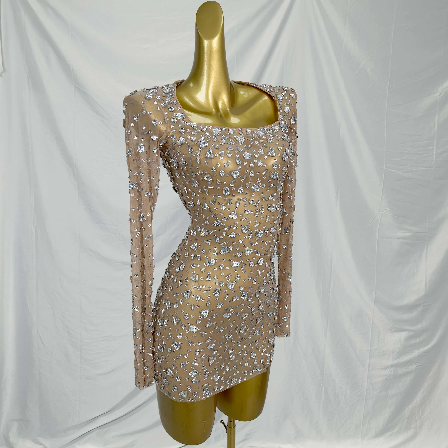 Sexy Long Sleeves Square Collar Night Club Party Banquet Mini Dress Cocktail Crystal Prom Sheath Dress Female Stripper Outfits