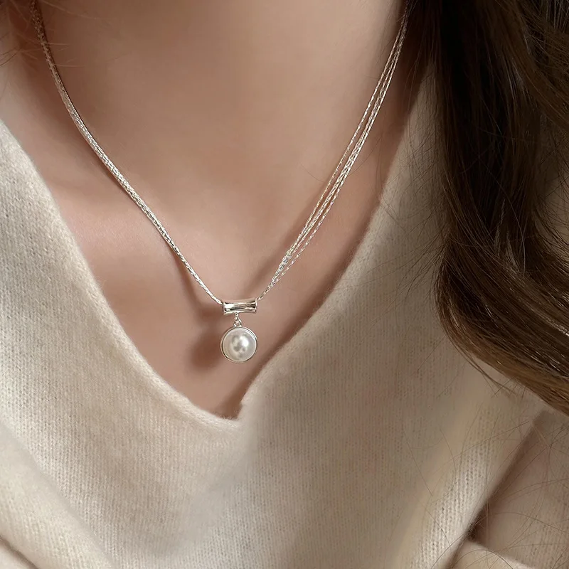 925 Sterling Silver Necklace Pearl Multilayer Chain Elegant Pendant Geometric for Women Girl Jewelry Gift Dropshipping Wholesale image 6