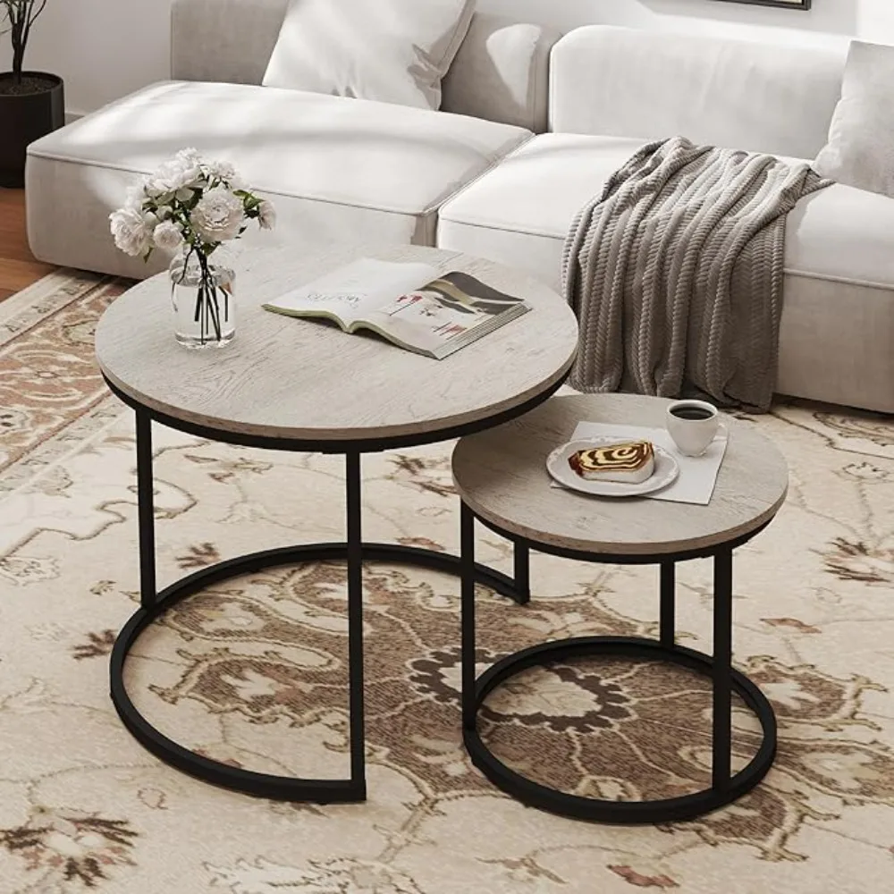 

Nesting Tables Set o 2, Round Coee Table, Small Nesting Coee Table with Adjustable Non-Slip ee, Wood Grain Top Nesting Tables or