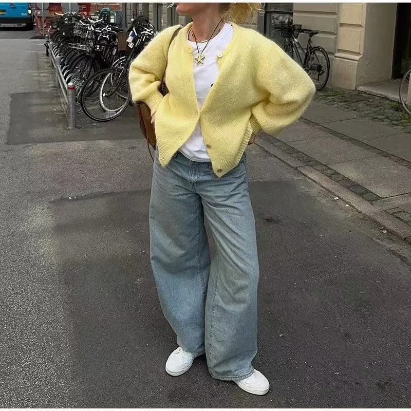 المرأة سترة مشغولة من الصوف عادية الصلبة الخريف الشتاء موضة طويلة الأكمام متماسكة ملابس خارجية الإناث الترفيه سترة لينة متماسكة القمم #4