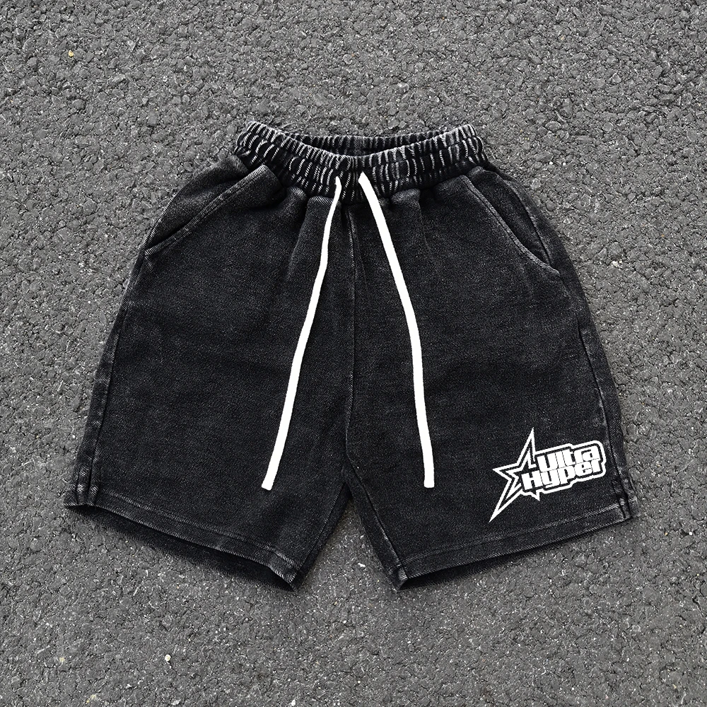 Retro American Heavyweight Lettering Distressed Fleece Wide Leg Short Pants Five-Quarter Length Youthful Spring Style Shorts