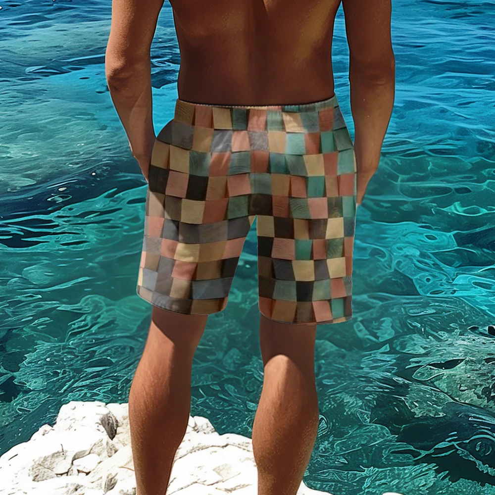 WAMNI Men Shorts Swim Trunks Teenagers 7 Inch Lattice Mosaic Print Quick Dry Swim Short Men Swimwear Clothing Beach Shorts