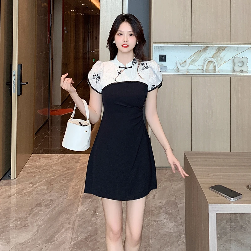 

Coigarsam Women's Summer Dress 2024 New Cheongsam Short Sleeve Black Dresses