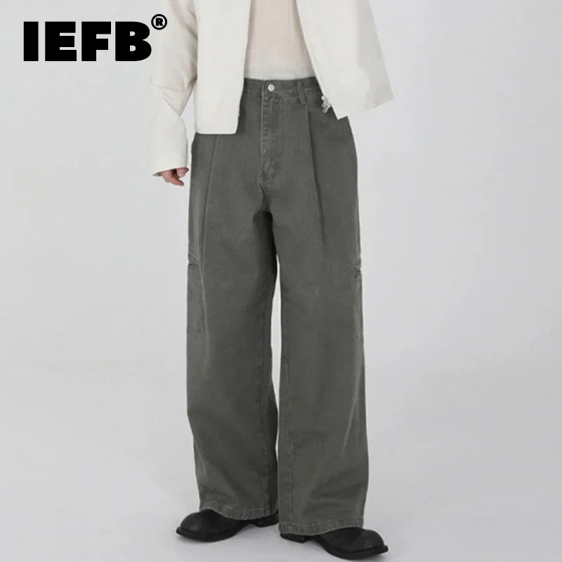 IEFB High Street Men's Denim Pants Solid Color Washed Worn-out Droop Cargo Trousers Straight Wide Leg Loose Male Jeans 9C8139