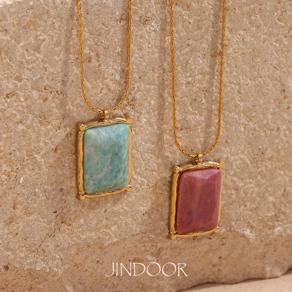 JINDOOR Natural Stone 18K Gold Plated Stainless Steel Necklace,Square Pendant, Adjustable Chain, Women’s Fashion Jewelry, Gift