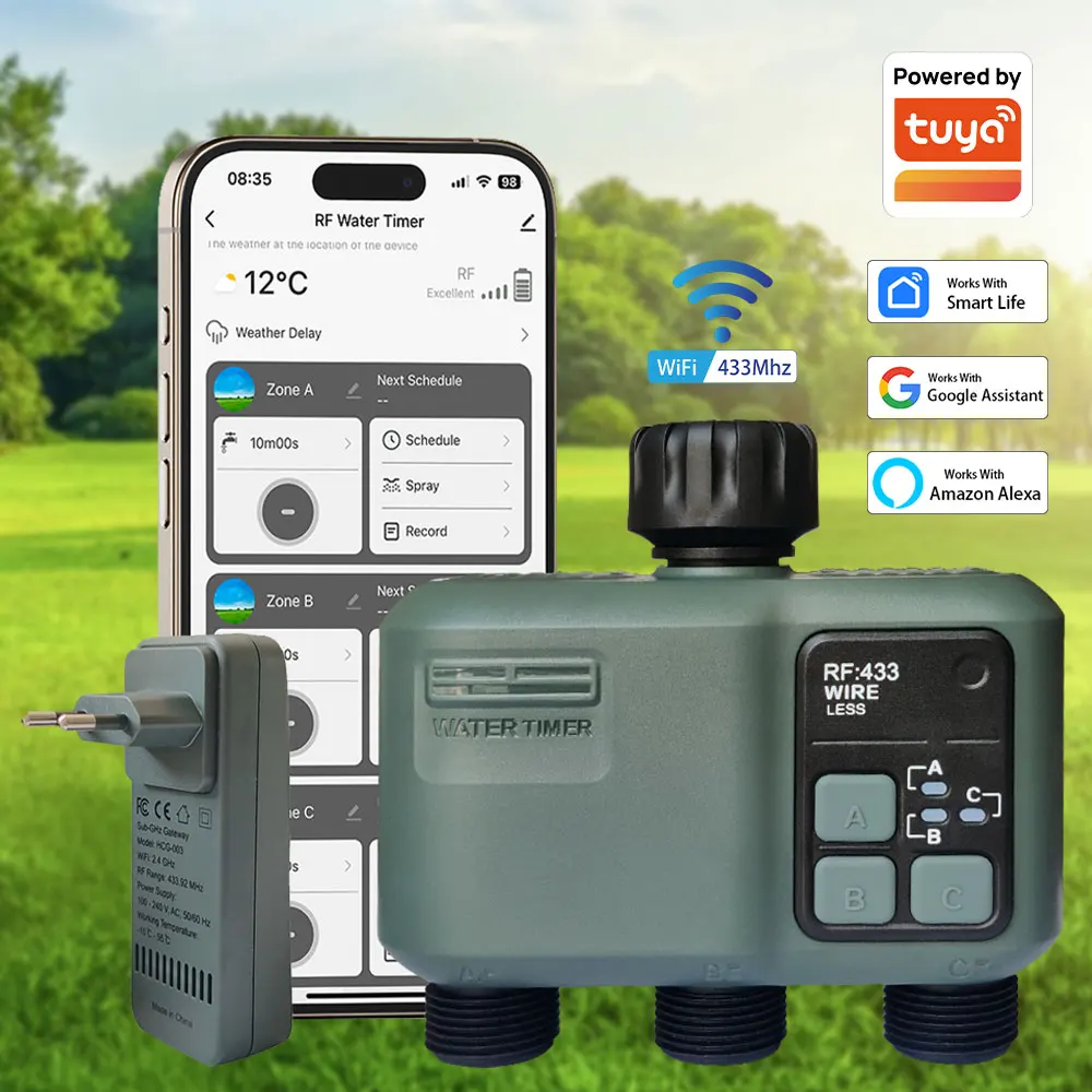 

Работает с умным таймером полива для сада Tuya Wifi+RF433, независимое программирование и управление.