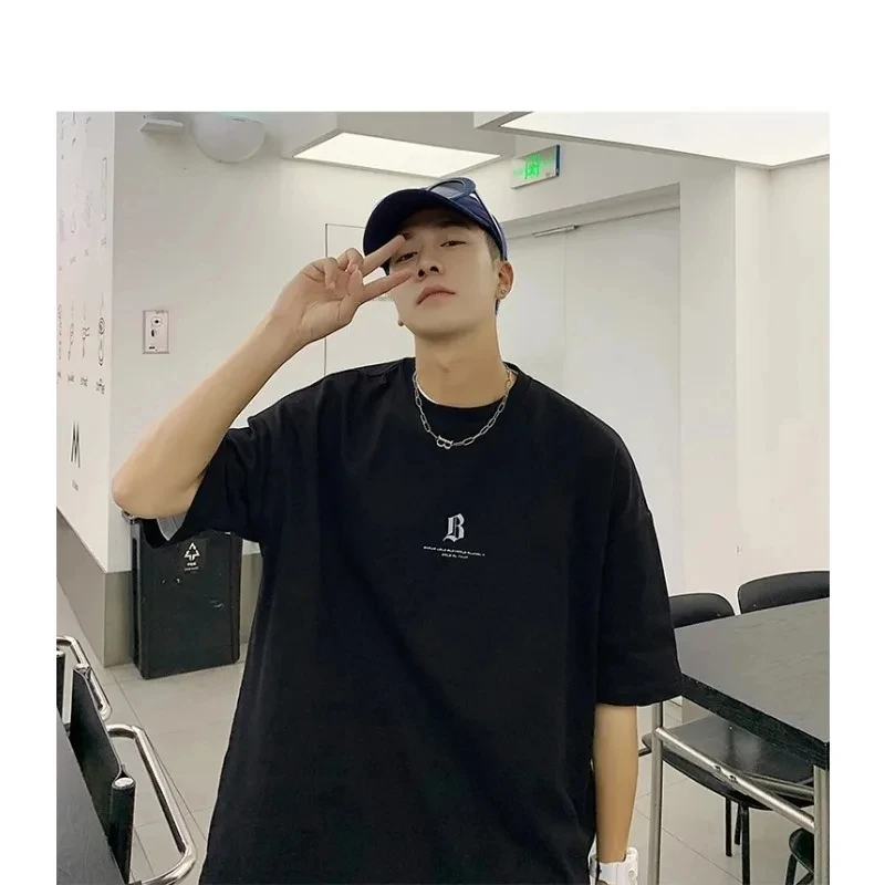 Men's Summer Heavy American Sle Short Sleeve T-shirt Loose Cotton Ins Fashion Brand Men's Half Sleeve T-shirt Simple White Top