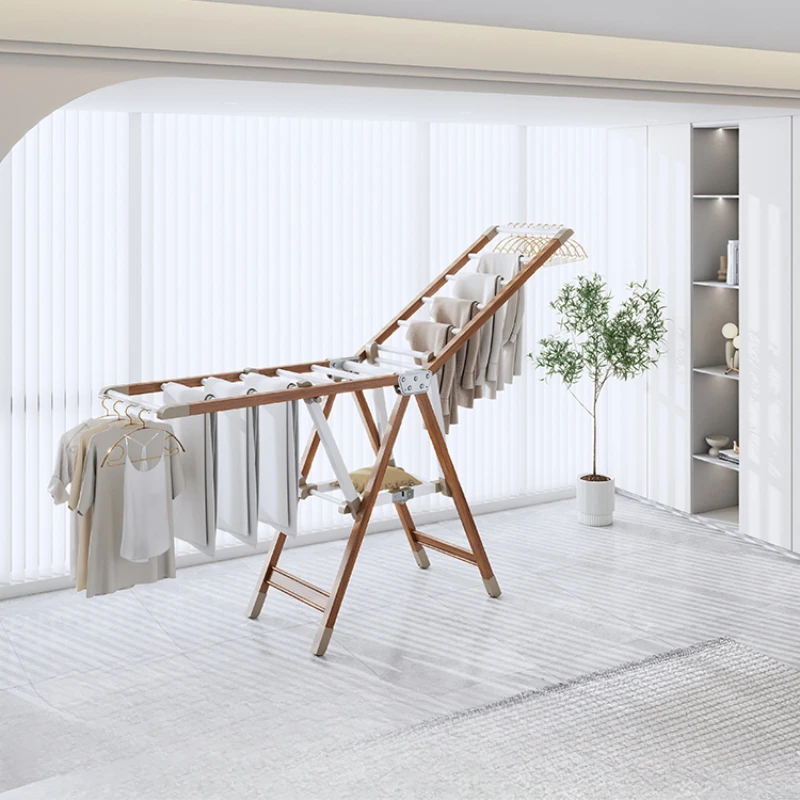 Drying rack, wood grain floor-to-ceiling balcony, folding household, indoor and outdoor, mobile quilt artifact, clothes pole