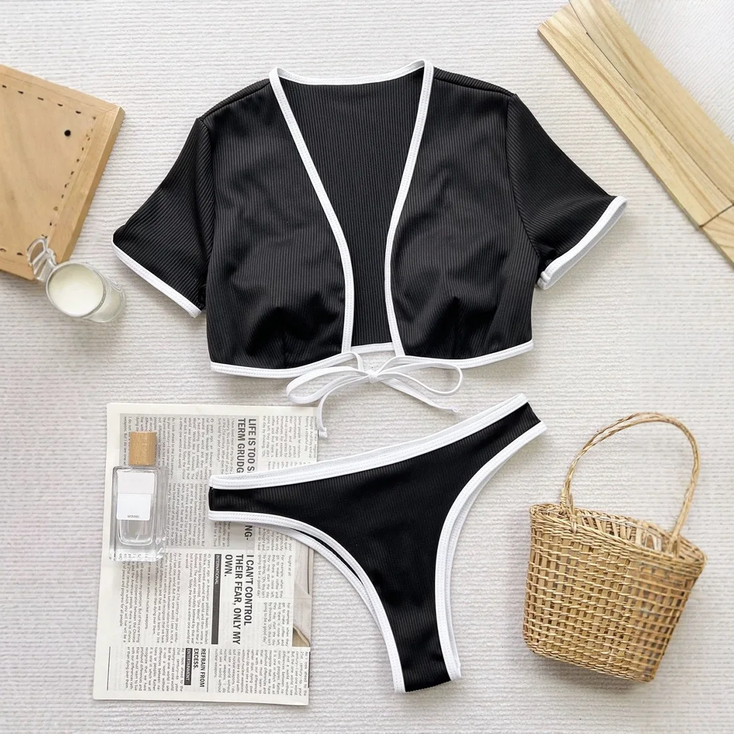2026 Black Short Sleeve Two Piece Bikini Set Women Push Up Tummy Control Swimsuit Swimwear Beach Vacation Summer Thongs Panties