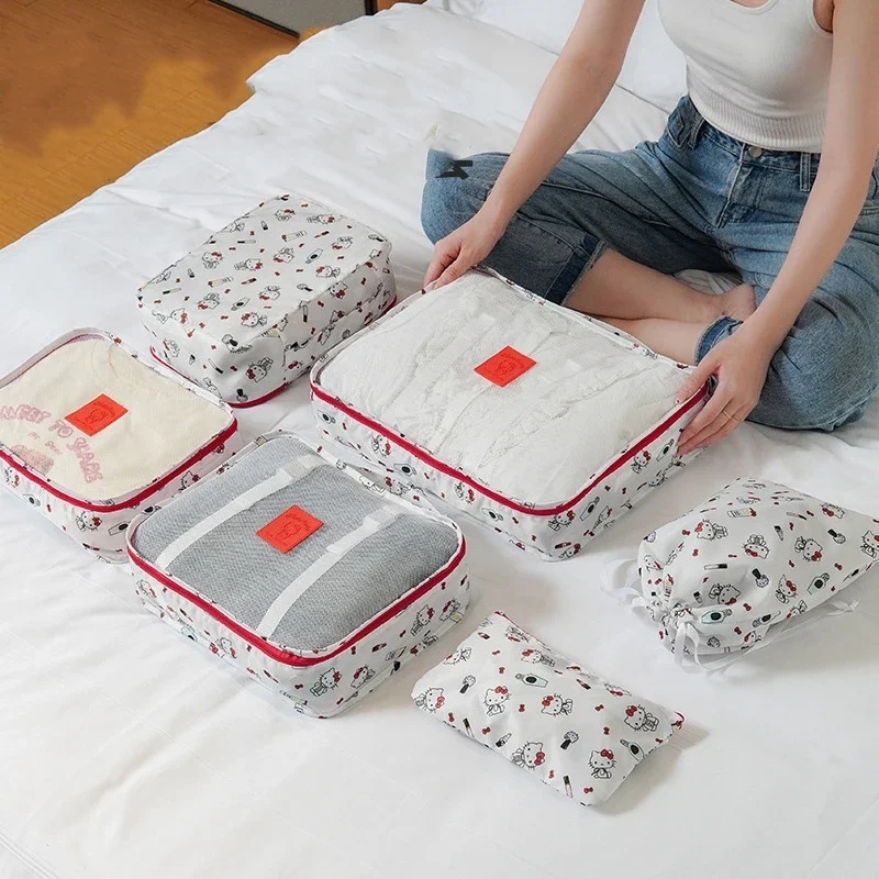 Sanrio Kawaii Hello Kitty Storage Bag Cartoon New Kuromi Six-piece Set Home Clothing Finishing Bag Travel Suitcase Clothing Bag