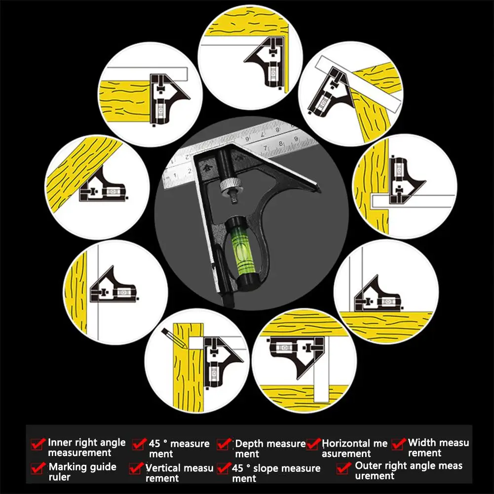 Adjustable Combination Square/Right Angle Ruler 45 / 90 Degree Multifunctional Measuring Tools for Woodworking Universal