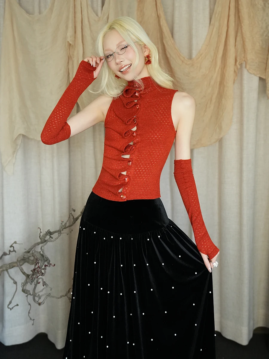 

Red High Collar Knitted Sweater with Button Detail Slim Fit Pleated Design Women's Retro Sle Faux Fur Sve Covers Top