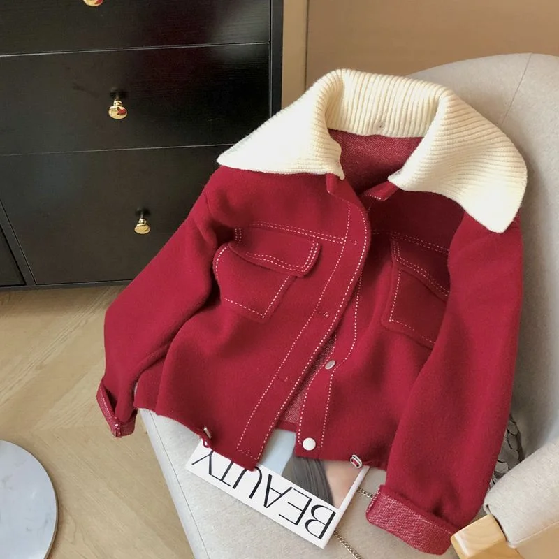 

Fashion Knitted Lapel Splicing Women Woolen Coat Autumn Winter Loose Double-Sided Cashmere Wool Coat Female Overcoat Outerwear