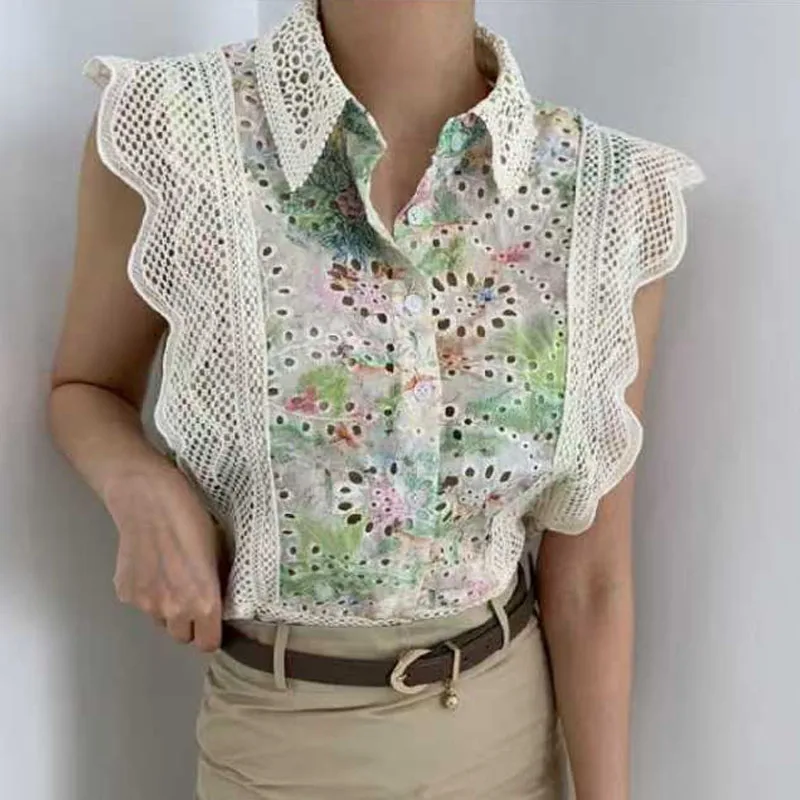 

Women Shirt Blouse New Summer Sleeveless Turn Down Collar Print Chiffon Shirt Blouse Women Tops Blouses Shirts Blusas Blusa Q308