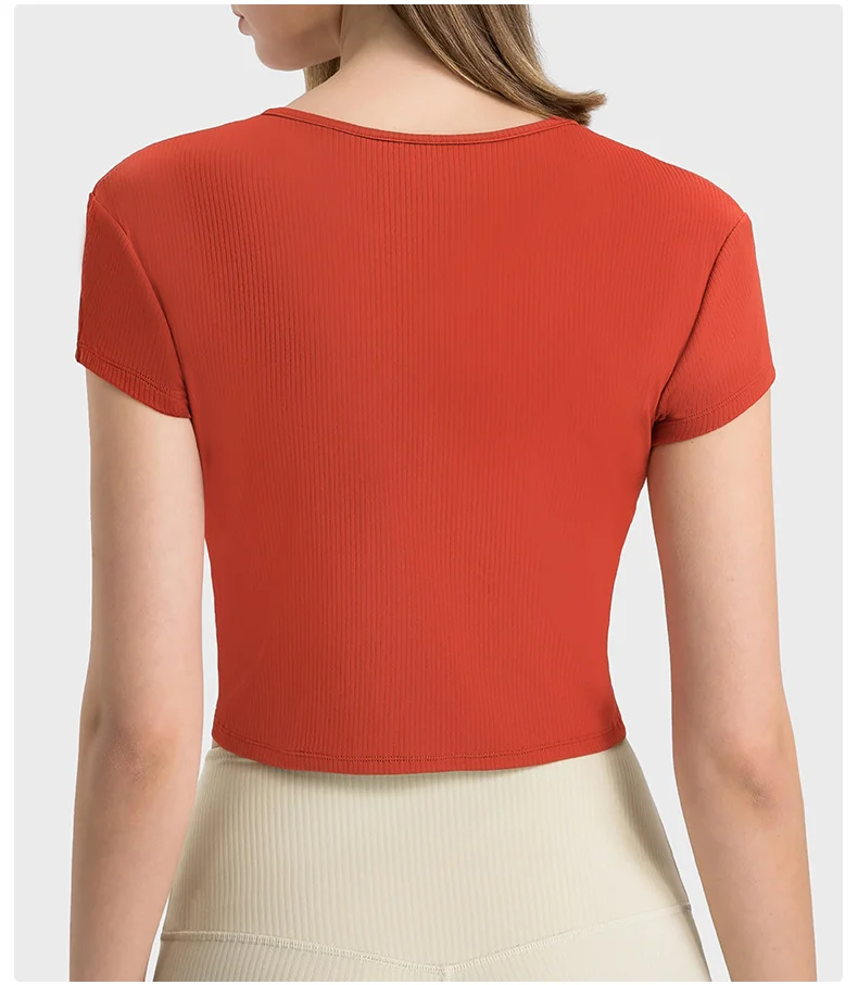 Striped ribbed open navel deep V-neck sports short sleeved T-shirt for women's fashion versatile outdoor sports fitness yoga top