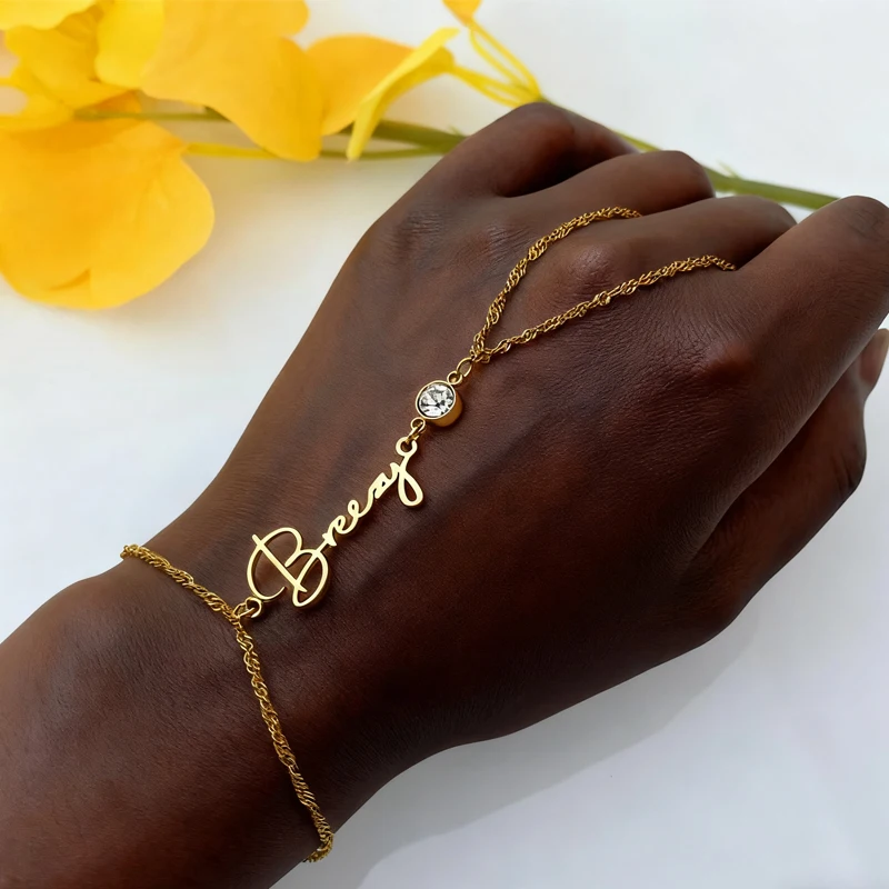 

Customized Name Bracelet with Birthstone for Women Stainless Steel Personalized Finger Hand Chain Bracelet Birthday Jewelry Gift