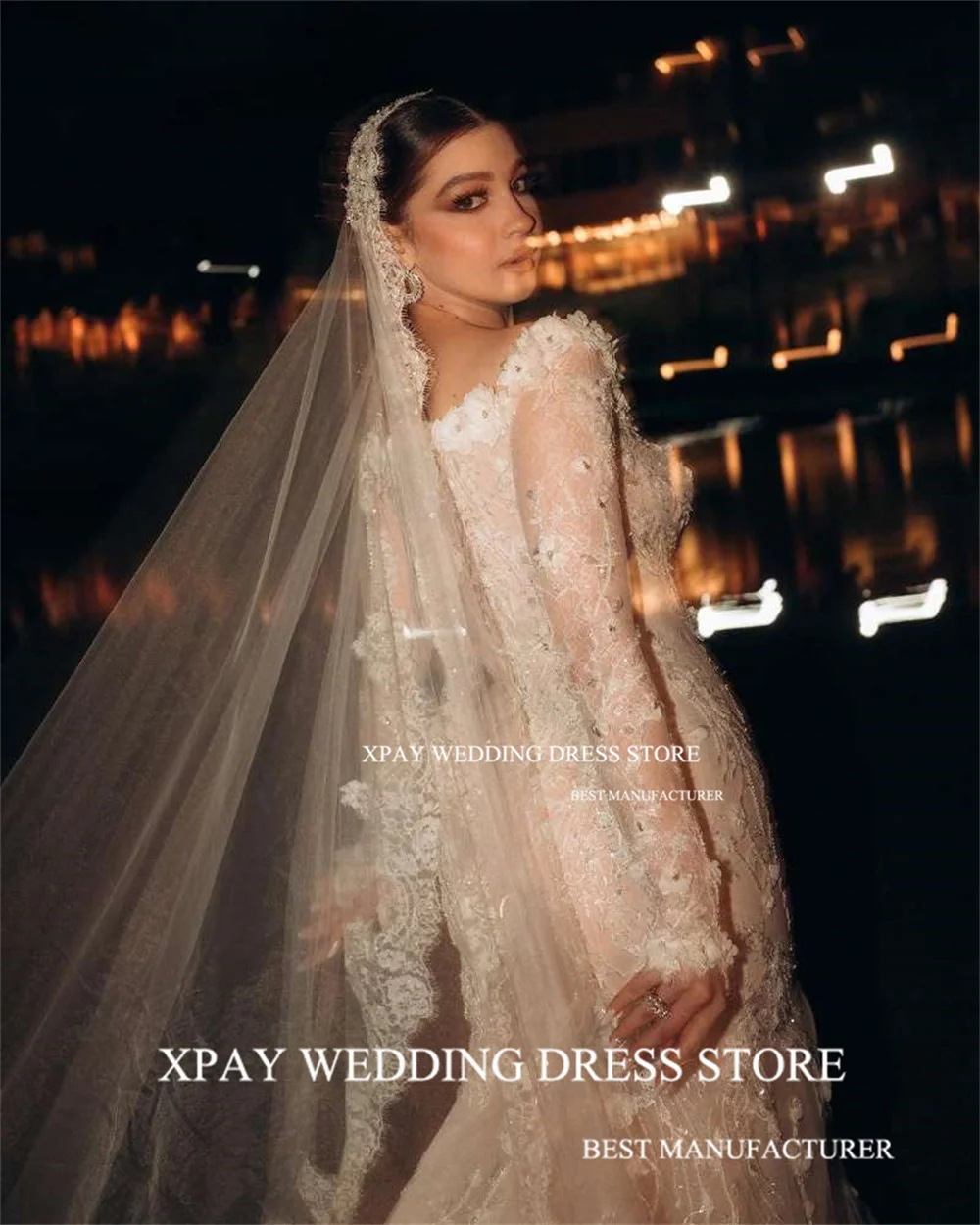 XPAY Square Neck Saudi Arabic Mermaid Wedding Dresses 3D Flowers Lace Appliques Bridal Dress Long Sleeves Bohemian Bride Gown