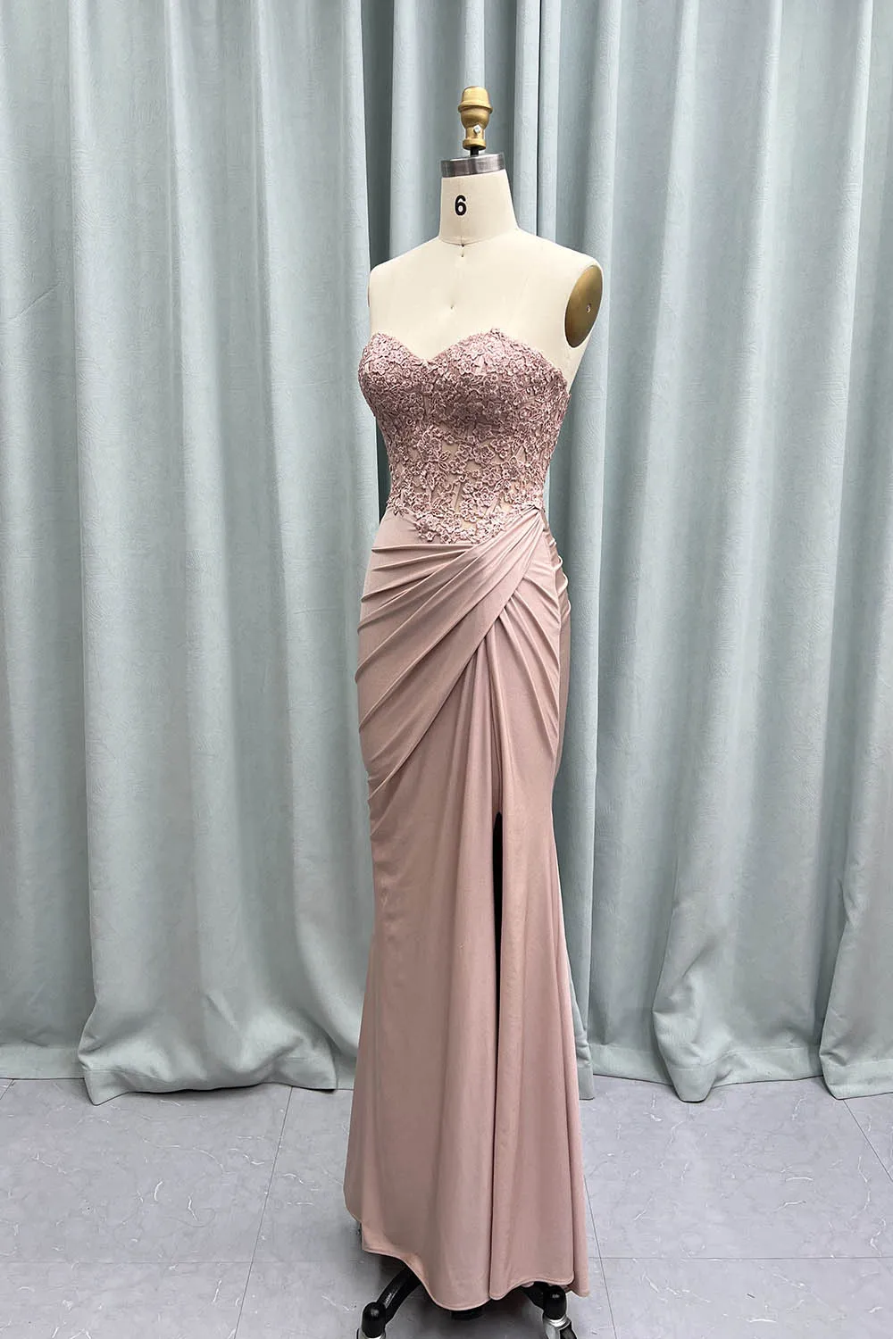 YQLNNE Sexy Pink High Slit Long Prom Dresses Strapless Embroidered Mermaid Dress with Ruched Side