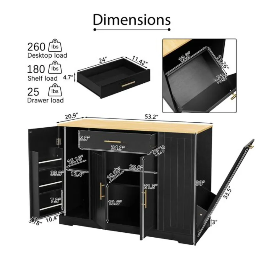 

53 inch Large Kitchen Island with Trash Can Storage Cabinet Islands Table with Drawer and Adjustable Shelves Breakfast Bar Cabi