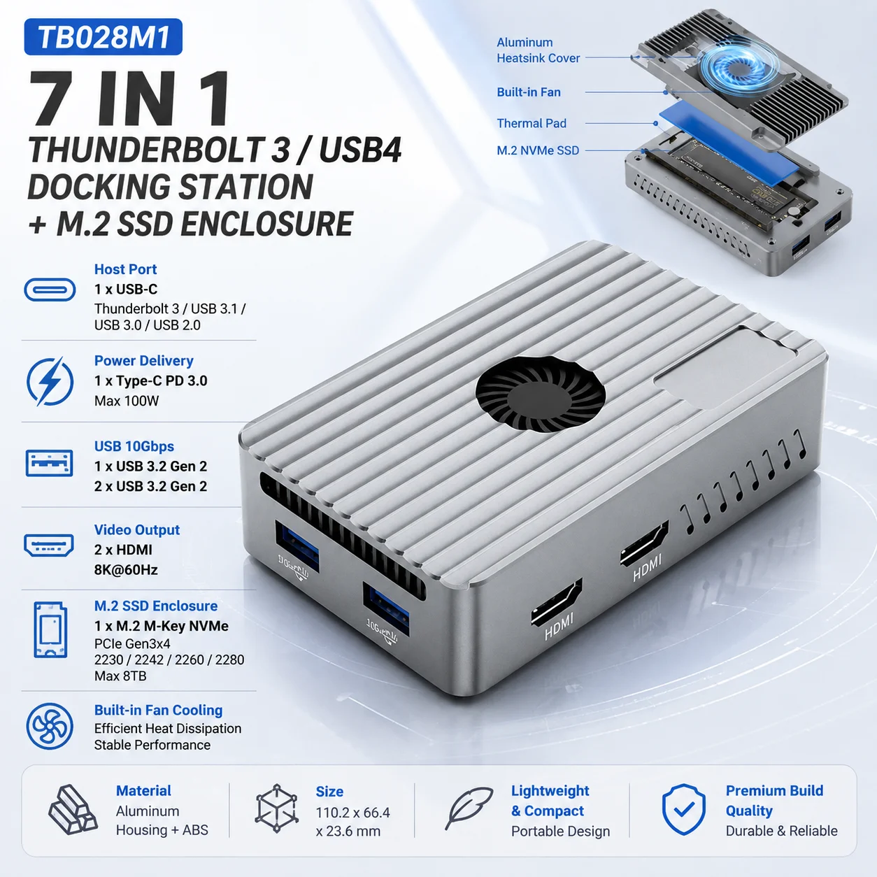 7-in-1 Thunderbolt 3 Docking Station M.2 NVMe SSD Enclosure 8K*60Hz Dual for 10Gbps USB 100W PD 8TB Max PCIe Gen3x4 Aluminum