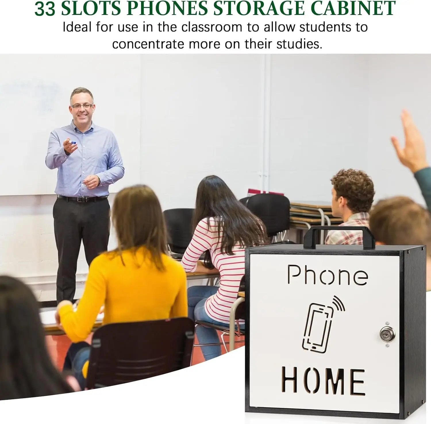 Adjustable Wooden Cell Phone Storage Cabinet with Lock, 33 Slots, Handle for Classroom Office Use
