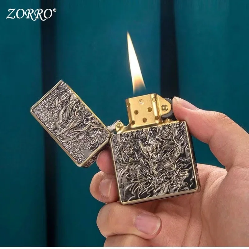 ZORRO Brass Armor Five Faced Sculpture Nine Tailed Fox Kerosene Lighter Classic Grinding Wheel Ignition High end Lighter Smoking