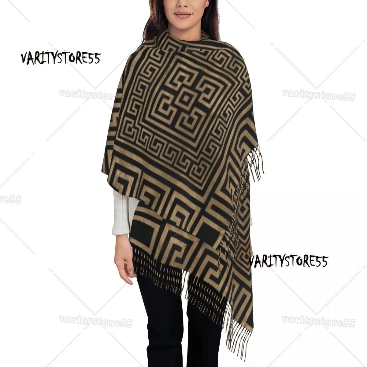 

Lady Large Greek Key Ornament Scarves Women Winter Fall Soft Warm Tassel Shawl Wrap Greek Meander Scarf