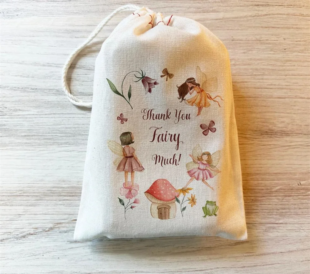 Bolsa de recuerdo de fiesta de cumpleaños de hadas de 20 piezas, bolsas de recuerdo de algodón personalizadas con cordón para Baby Shower