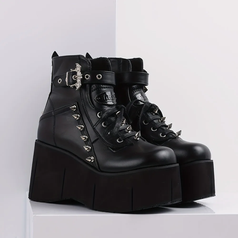 GIGIFOX Goth Punk Stylish High Platform Ankle Boots For Woman High Wedges Heel Side Zipper Round Toe Metal Rivet Punk Girl Boots