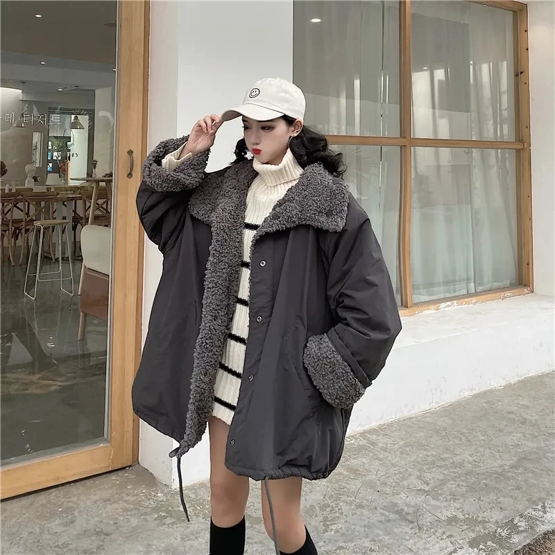 2023 Korean version imitation fur winter women's loose imitation sheep wool double-sided wear long coat